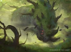 a green creature with red eyes is in the middle of a forest, surrounded by trees