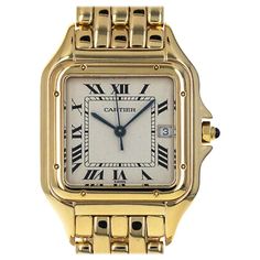 Cartier Yellow Gold Analog Watch, Cartier Analog Watch In Yellow Gold, Vintage Cartier Watch With Chronometer, Classic Cartier Watch With Metal Dial, Vintage Cartier Watch With Rectangular Dial, Cartier Analog Watch As Gift, Gift Cartier Analog Watch, Gift Cartier Watch, Cartier Yellow Gold Watches With Metal Dial