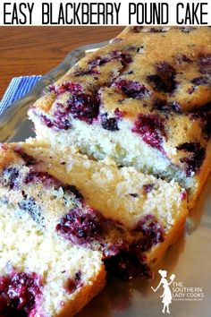 two slices of blueberry pound cake sitting on top of a glass plate with text overlay