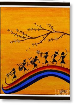 an abstract painting with people playing instruments and dancing on the beach in front of a tree