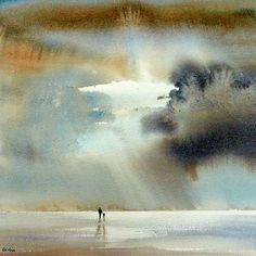 a painting of a person standing on the beach in front of an overcast sky