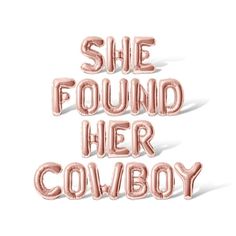 SHEFOUNDHERCOWBOY Letter Balloon Banner Color: Gold. Boots And Bling Before The Ring, Engagement Party Country Theme, Bridal Shower Last Rodeo, Proposal After Party Decorations, Rose Gold Wedding Shower Ideas, Horse Bridal Shower Ideas, Pink Rodeo Bachelorette Party, Boots And Bubbly Decor