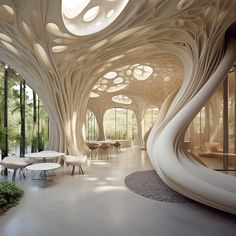 an artisticly designed lobby with circular seating