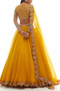 Mustard Lehenga, Mirror Lehenga, Yellow Lehenga, Half Saree Designs, Embroidered Lehenga