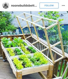 a wooden planter filled with lots of plants on top of a wooden deck next to a fence