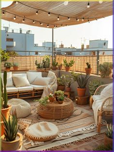 an outdoor living area with potted plants and wicker furniture on the roof terrace