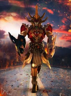 an animated image of a person in armor walking down a road with two masks on their head