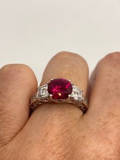 Hand made vintage filigree engagement ring with ruby cubic zirconia in sterling silver, can be polished up. Size 5 My jeweler can re size for a $10-$20 fee All rings are shipped free in the US in a nice gift box. Check out our over a THOUSAND great reviews Engraving is $4 per letter and is not always perfect depending on the piece. It can take a few days if the jeweler is busy. This is payable to Paypal Judithsltd@gmail.com Gia Certified Round Cut Ruby Ring Fine Jewelry, Classic Gia Certified Cushion Cut Ruby Ring, Gia Certified Round Cut Ruby Ring, Classic Gia Certified Cushion-cut Ruby Ring, Classic Diamond Ring With Lab-created Ruby Accent Stones, Classic Lab-created Ruby Rings For Promise, Ruby Diamond Ring With Accent Stones And Round Cut, Gia Certified Diamond Ruby Ring For Anniversary, Anniversary Gia Certified Ruby Diamond Ring