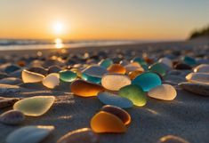 many different colored glass pebbles are on the sand near the ocean at sunset or dawn