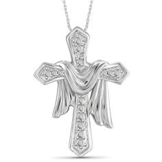 Your Faith Deserves to Be This Beautiful (& Close to Your Heart): With our JewelExcess sterling silver cross pendant your body and mind will be constantly reminded just how strong your faith is. Adorned with white or black diamonds, a heart charm, angel wings, or an infinity sign, your new silver cross necklace is a fashionable way to express your faith. Rope Chain Included - Durable & Long-Lasting: This silver cross necklace comes with an 18-inch rope chain, which is one of the most dur White Gold Cross Charms For Anniversary, Sterling Silver Cross Pendant Necklace For Anniversary, Sterling Silver Cross Jewelry For Anniversary, Sterling Silver Cross For Anniversary, Sterling Silver Cross Charms For Anniversary, Elegant Cross Pendant Jewelry For Memorial, Elegant Cross Jewelry For Memorial, Elegant Memorial Cross Jewelry, Spiritual Sterling Silver Cross Necklace For Anniversary