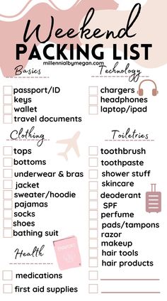 the weekend packing list is shown in pink and white with text overlaying it