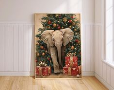 an elephant is standing in front of a christmas tree with presents on the floor next to it