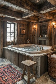 Rustic Elegance jacuzzi tub bathroom decor combines the warmth and charm of rustic elements with the sophistication of elegant details. Exposed wooden beams, distressed wood vanities, and antique brass fixtures create a cozy, vintage feel. The jacuzzi tub is often set against a backdrop of natural stone or rustic tiles, enhancing the earthy, inviting atmosphere. Soft lighting and rich textiles add layers of comfort and luxury. Explore more rustic elegance decor ideas to create a welcoming and... Outdoor Tubs Rustic, Luxury Log Cabin Bathroom, Bath Tub Inside Shower Area, Jacuzzi Tub Bathroom Decor Ideas, Jacuzzi Tub Bathroom Decor, Giant Bathtub, Rustic Walk In Shower Ideas, Rustic Bathtub, Jacuzzi Tub Bathroom