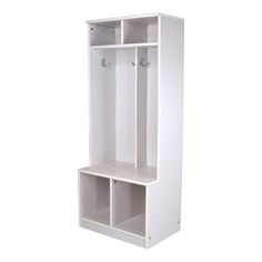 a white shelf with two hooks on the top and one door open to reveal a coat rack