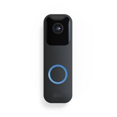 the blink camera is on display in front of a white background with blue trimmings