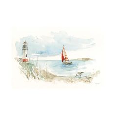 a watercolor painting of a sailboat near a lighthouse