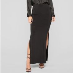 Brand New Maxi Skirt With Slits On Both Sides. Sold Out On Fashion Nova. Casual Party Bottoms With Side Slits, Casual Party Bottoms With Split Hem, Stretch Maxi Skirt With Side Slits For Night Out, Casual Split Hem Bottoms For Party, Black Full-length Skirt For Night Out, Stretch Split Skirt For Night Out, Full Length Skirt With Side Slits For Party, Black Full Length Skirt For Night Out, Full Length Black Skirt For Night Out