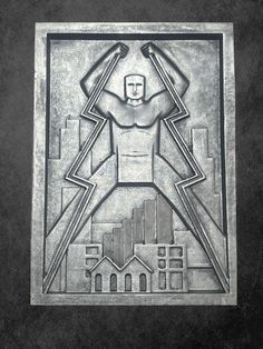 a black and white drawing of a man with his arms in the air, surrounded by buildings