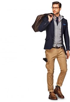 Navy Blazer, Khaki Cargo Pants, Gray Sweater Vest, Lace Up Boots, and Leather Bag. Men's Fall Winter Fashion. Men's Capsule Wardrobe, Suit Supply, Khaki Cargo Pants, How To Look Handsome, Mens Fashion Suits, Navy Blazer, Mens Winter Fashion, Mens Fall, Tailored Jacket