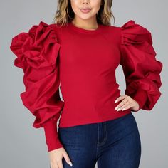 Round Neckline Long Sleeve Puff Sleeves No Closure Hand Wash Cold Water 93% Cotton 7% Spandex Red Peplum Tops, Solid Sweaters, Boho Kimono, Womens Tie, Knitted Pullover Sweaters, Puff Sleeve Top, Grey Long Sleeve, Sleeveless Tank Top, Long Sleeve Knit