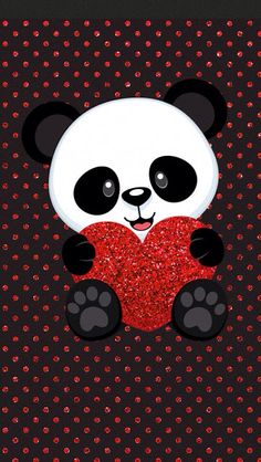 a panda bear holding a red heart on a black and red background with polka dots