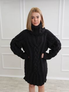 "Perfect for work or evening events, this black turtleneck wool sweater is a classic piece to go with anything in your closet. The chunky knit and slightly oversize loose fit has 2 layers of high quality wool that's made for comfort and good visual look. DETAILS - The sweater has 2 layers of wool - Made from 100% high quality wool - The sweater is knitted with 76 oz (1900g) of high quality premium mohair - The model is 170 cm tall (regular S) - The sweater on picture is size 3XL - As mostly all Oversized High Neck Turtleneck For Winter, Oversized Cozy Turtleneck For Cold Weather, Oversized Long Sleeve Turtleneck For Cold Weather, Oversized Acrylic Turtleneck Outerwear, Oversized Turtleneck Outerwear, Oversized Cable Knit Turtleneck For Fall, Casual Wool Turtleneck With Chunky Knit, Casual Chunky Knit Wool Turtleneck, Casual Wool Chunky Knit Turtleneck