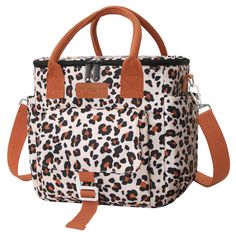 a leopard print bag with an orange strap