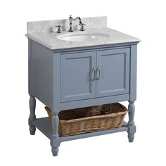 a bathroom vanity with two drawers and a basket under the sink, on a white background