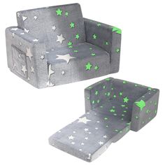 two children's chairs with stars on them, one in grey and the other in green