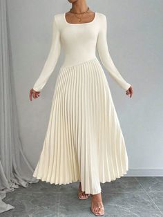 Pink Dress Elegant Long Sleeve, White Winter Dresses, Long Sleeve Elegant Dresses, Vestidos Maxi, White Dress Winter, Plisse Dress, Beautiful Long Dresses, Pleated Skirt Dress, Dress Beige