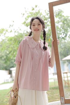 Button up shirt with a broderie eyelet peter pan collar blouse and half-length puff sleeves. S: 38.5" chest, 25" lengthM: 40" chest, 25" lengthL: 41.5" chest, 25.5" lengthXL: 43" chest, 25.5" length Casual Collared Broderie Anglaise Blouse, Casual Collared Blouse With Broderie Anglaise, Short Sleeve Cotton Blouse With Lace Collar, Cotton Blouse With Lace Collar And Short Sleeve, Casual Blouse With Peter Pan Collar, Casual Peter Pan Collar Blouse For Daywear, Casual Blouse With Peter Pan Collar For Daywear, Short Sleeve Broderie Anglaise Blouse For Daywear, Short Sleeve Blouse With Broderie Anglaise For Daywear