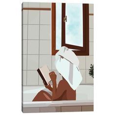 a woman sitting in a bathtub reading a book while holding a towel over her head