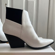 Worn Maybe Once Or Twice, In Excellent Like Brand New Condition. Heel: 3” White Synthetic High Heel Boots, White Synthetic High Heeled Boots, Trendy White High Heel Boots, Trendy White Heeled Boots For Fall, Casual White High Heel Boots, Casual White High Heeled Boots, White Block Heel Shoes For Fall, White Synthetic Heeled Boots For Spring, White Ankle-high Heels For Fall