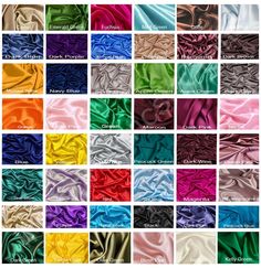 many different colors of satin fabric, all in various sizes and shapes with the names on them