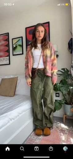 Comfy T Shirt Outfits, Pride Festival Outfit Ideas Casual, Chilly Festival Outfit, Spring Outfits With Pants, Granola Festival Outfit, Fun Cardigan Outfit, Colorful Trendy Outfits, Spring Linen Outfits, Soft 90s Outfits