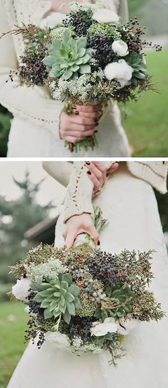 two pictures of a woman holding a bouquet of flowers and succulents in her hands