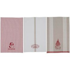 three towels with christmas trees on them are lined up next to each other in red and white