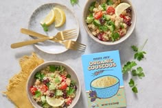 two bowls filled with food next to a carton of organic couscous cereal