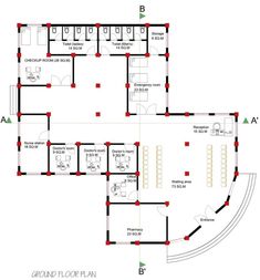 the floor plan for an office building with two floors and several rooms, including one bedroom