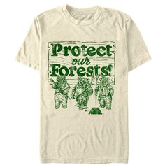 Don't let the Empire destroy the forests of Endor! Stand up to Stormtroopers with the Star Wars Ewok Protect Our Forests Cream T-Shirt. A vintage-style distressed green print reads "Protect Our Forests" above three Ewoks and the Star Wars logo printed on the front of this awesome cream Ewok T-shirt. Size: large. Color: brown. Gender: male. Age Group: adult. Pattern: Fictitious Character. Material: Cotton. Star Wars Ewok, Cream T Shirt, Rainbow T Shirt, Star Wars Outfits, Slim Fit Shorts, Dream Clothes, Fashion Help, Look Cool, The Star