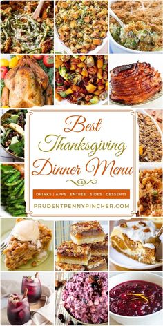 the best thanksgiving dinner menu with images of turkey, stuffing and other foods on it