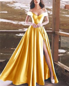 School Formal, Bridesmaid Dresses Satin, Satin Gowns, Gold Prom, Fancy Fashion, Ballroom Dresses, Dream Prom, Dresses Satin, Yellow Dresses