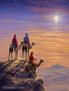 three wise men riding camels across a desert under a star filled sky with the birth of jesus