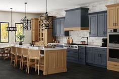 a large kitchen with wooden cabinets and gray counter tops