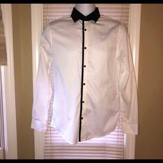 This Black & White Dress Shirt Is Perfect For Special Events Such As Weddings, Religious Events, Dances, Graduations, And Parties! In Excellent Condition! 97% Cotton 3% Spandex Classic Fitted Shirt With Contrast Collar, Fitted Shirt With Contrast Collar For Work, Fitted Cotton Shirt With Contrast Collar, Fitted White Dress Shirt For Spring, Elegant White Top With Contrast Collar, Fitted Shirt With Contrast Collar, Formal Fitted Tops With Contrast Collar, Fitted Button-up Top With Contrast Collar, Formal Fitted Top With Contrast Collar