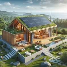 an artist's rendering of a house with a solar panel on the roof and green roof