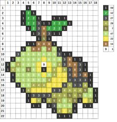 a cross stitch pattern with an image of a green and yellow cat on it's face