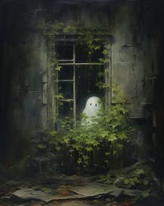 a painting of a ghost in an abandoned building with ivy growing on the window sill