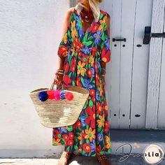 ZANZEA - Vestido camisero largo informal con puños elásticos y escote en V, manga 3/4 y estampado floral para mujer | DealWithYou Mode Prints, Stile Boho Chic, How To Fold Sleeves, Off Shoulder Dresses, Estilo Boho Chic, Long Beach Dress, Boho Summer Dresses