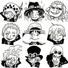 some cartoon characters with different facial expressions and hair styles, all in black and white